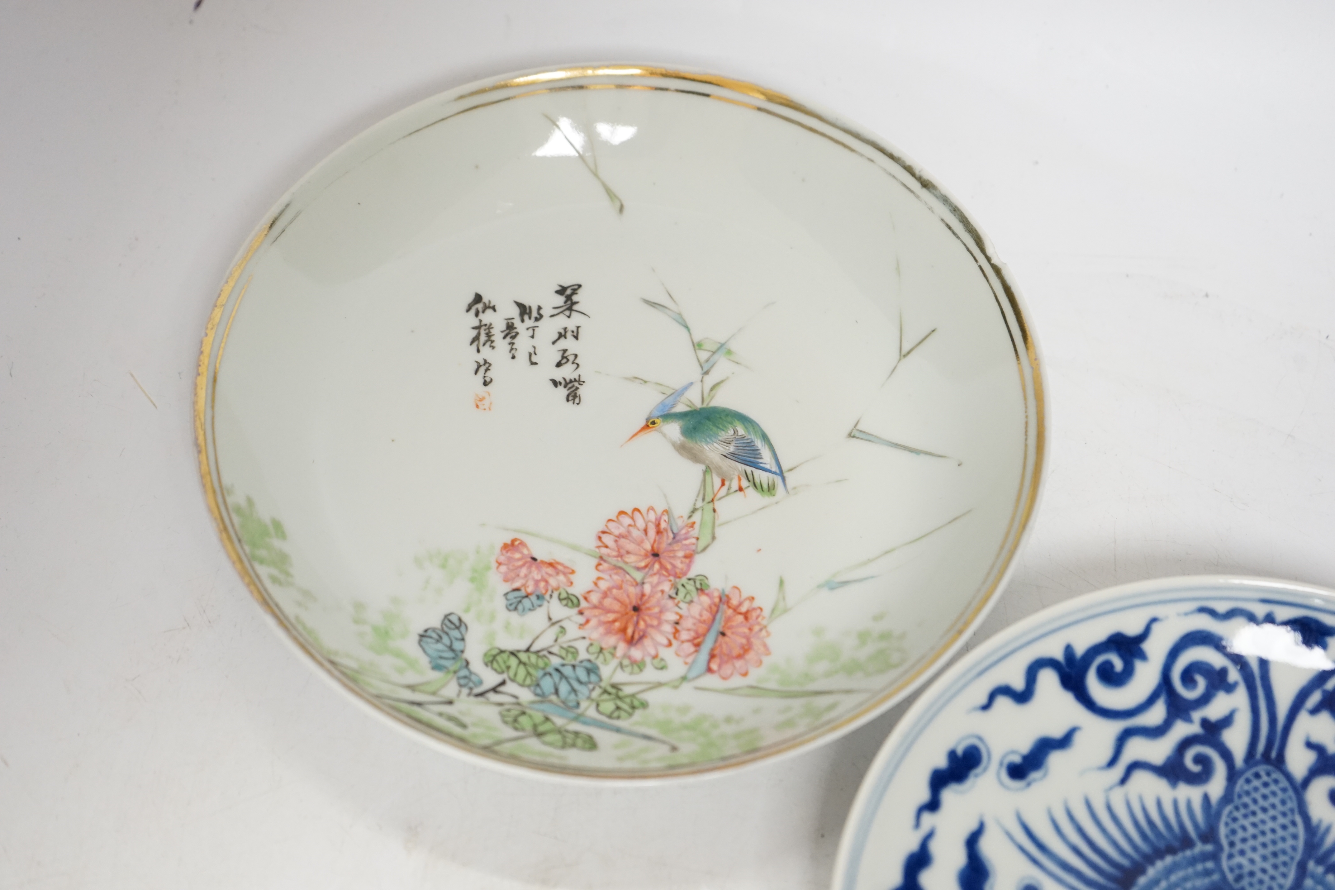 Two Chinese porcelain saucer dishes, largest 17.5cm diameter